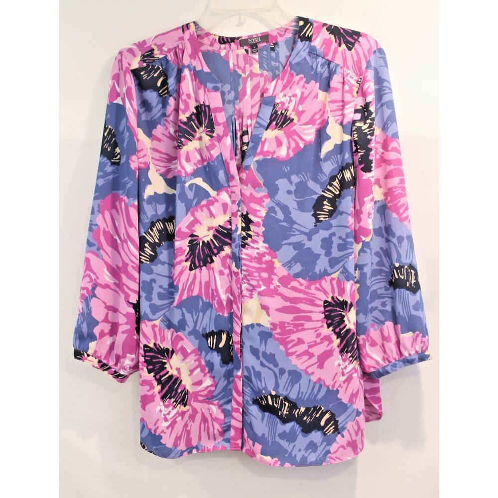 NYDJ Floral Top Womens size L Pink Blue V-Neck Pintuck Back Hidden Button Up